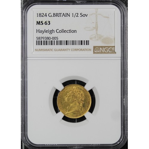 1824 Half Sovereign, George IV. Graded NGC MS63 in a Hayleigh Collection holder. A gorgeous example of the type with all examples at this level highly desirable. Would make a stunning example for any established half sovereign collection. [Marsh 405, S.3803]