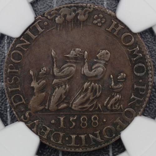 70 - Elizabeth I (1558-1603), Defeat of the Spanish Armada, 1588 copper jeton. Graded AU53BN with a cople... 