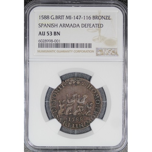 70 - Elizabeth I (1558-1603), Defeat of the Spanish Armada, 1588 copper jeton. Graded AU53BN with a cople... 