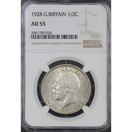 78 - 1928 Halfcrown, George V. Obv. bare head facing left, Rev. shield with concave sides. Graded NGC AU5... 