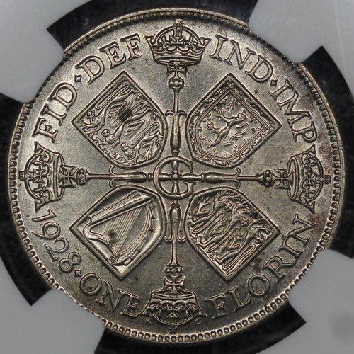 79 - 1928 Florin, George V. Obv. bare head facing left, Rev. cruciform shields with crowned sceptres. Gra... 