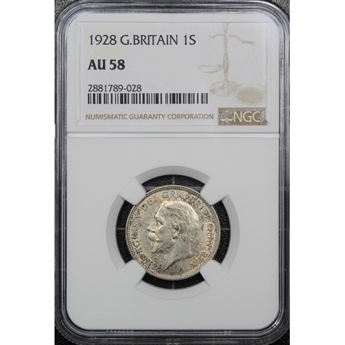 81 - 1928 Shilling, George V. Obv. bare head facing left, Rev. lion passant on crown. Graded NGC AU58. EF... 