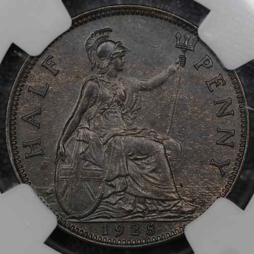 92 - 1928 Half Penny, George V, F410. Graded NGC MS64BN with only one graded higher in this colour design... 