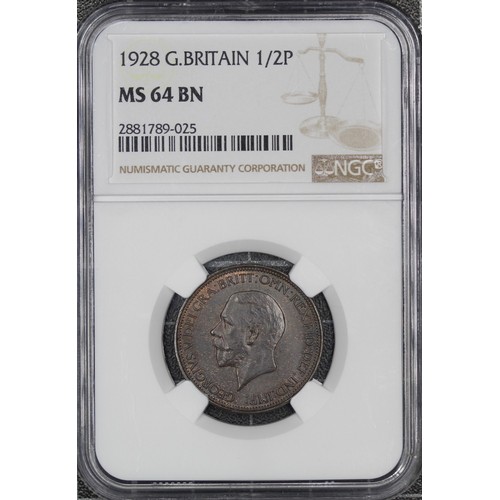 92 - 1928 Half Penny, George V, F410. Graded NGC MS64BN with only one graded higher in this colour design... 