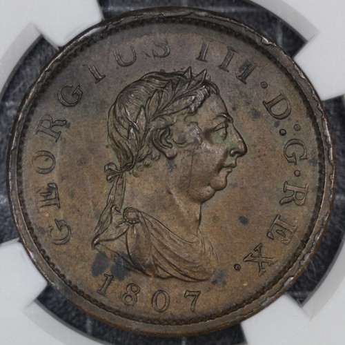 87 - 1807 Penny, George III. Graded NGC MS63BN and in a Gad Goldstuck collection holder. The obverse with... 