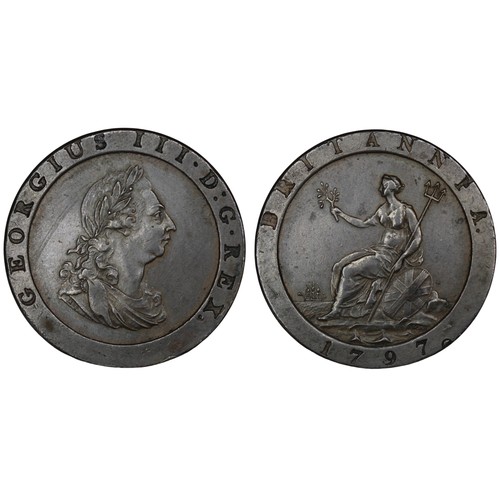 354 - 1797 Penny, George III. 10 leaves in wreath. Edge knock by date and a couple of small spots otherwis... 