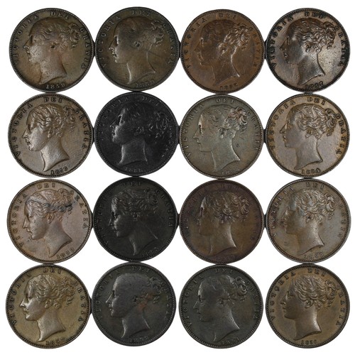 398 - Farthings (16), Victoria young head 1850-1859 date run, comprising 1850, 1851, 1852, 1853 (5), 1854 ... 