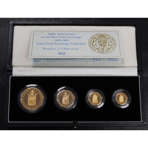 1989 4-coin gold sovereign set comprising £5, £2, sovereign and half-sovereign. Issued to commemorate the 500th anniversary of the first gold sovereign in 1489 and featuring a unique obverse with the late Queen Elizabeth II seated at her coronation with the reverse depicting the Shield of the Royal Arms on double rose. A highly collectable and desirable set. Cased with COA. The £5 with some ultra fine hairlines on the obverse. Viewing recommended. nFDC-FDC.