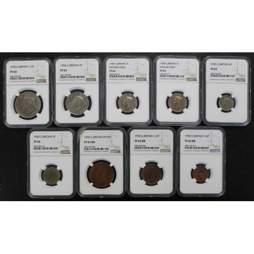 73 - 1950 Proof 9-coin set grade by NGC and comprising halfcrown (PF64), florin (PF63), English shilling ... 