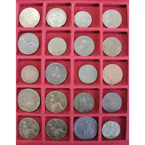 5 - A display tray of 35 mainly 19th century copper coins featuring issues from the UK, Canada, France, ... 