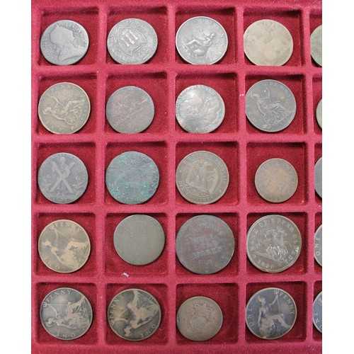 5 - A display tray of 35 mainly 19th century copper coins featuring issues from the UK, Canada, France, ... 