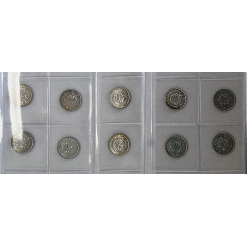 85 - Silver threepence date run, 1911-1944, George V to George VI. The 1911-1919 issues all vibrant and l... 