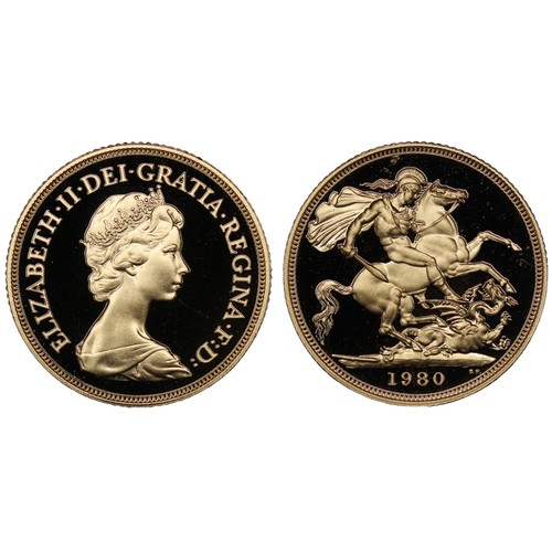 64 - 1980 Proof Sovereign, Elizabeth II. Presented in capsule and formerly part of a 5-coin set prepared ... 