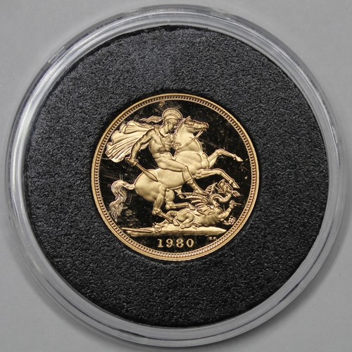 64 - 1980 Proof Sovereign, Elizabeth II. Presented in capsule and formerly part of a 5-coin set prepared ... 