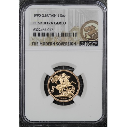 69 - 1990 Proof Sovereign, Elizabeth II. Graded NGC PF69 Ultra Cameo and presented in Modern Sovereign ho... 