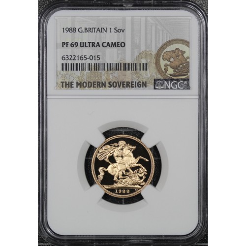 68 - 1988 Proof Sovereign, Elizabeth II. Graded NGC PF69 Ultra Cameo and presented in Modern Sovereign ho... 