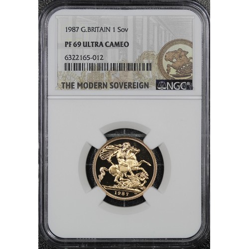 67 - 1987 Proof Sovereign, Elizabeth II. Graded NGC PF69 Ultra Cameo and presented in Modern Sovereign ho... 