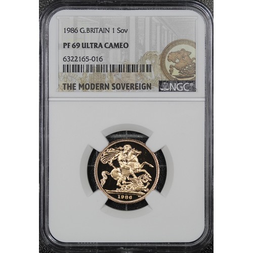 66 - 1986 Proof Sovereign, Elizabeth II. Graded NGC PF69 Ultra Cameo and presented in Modern Sovereign ho... 