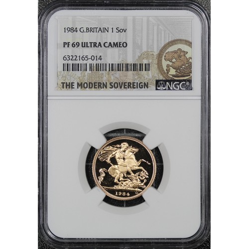 65 - 1984 Proof Sovereign, Elizabeth II. Graded NGC PF69 Ultra Cameo and presented in Modern Sovereign ho... 