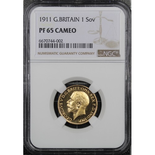 63 - 1911 Proof Sovereign, George V. Graded NGC PF65 Cameo with exquisite eye appeal. Highly desirable in... 