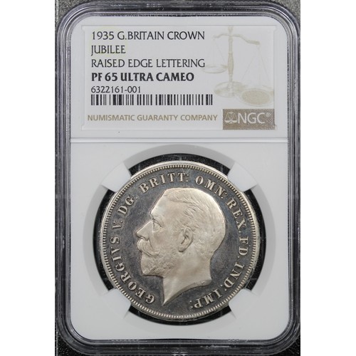 19 - 1935 Raised Edge Proof Crown, George V. Graded NGC PF65 Ultra Cameo. Dark toned fields leave the dev... 