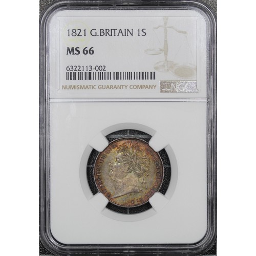 27 - 1821 Shilling, George IV. Laureate bust, reverse with ornate crowned garnished shield. Graded NGC MS... 