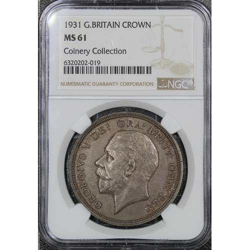 18 - 1931 Crown, George V. Obv. bare head facing left, Rev. crown and date within wreath. Graded NGC MS61... 