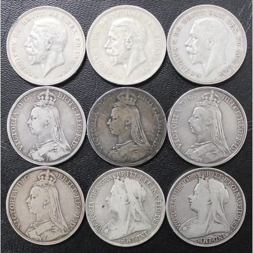 47 - Crowns (9) comprising 1889 (3), 1890, 1895 LIX, 1896 LX & 1935 (3). All from circulation and a f... 