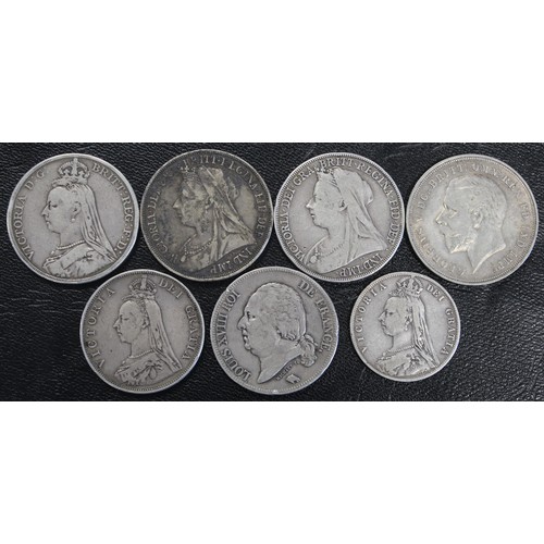 48 - UK & World silver coins (7) comprising 1887 crown, 1897 LXI crown, 1898 LXII crown, 1935 crown, ... 