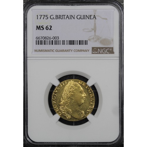 51 - 1775 Guinea, George III. Graded NGC MS62, a wonderful grade for the type. Of 80 examples recorded at... 