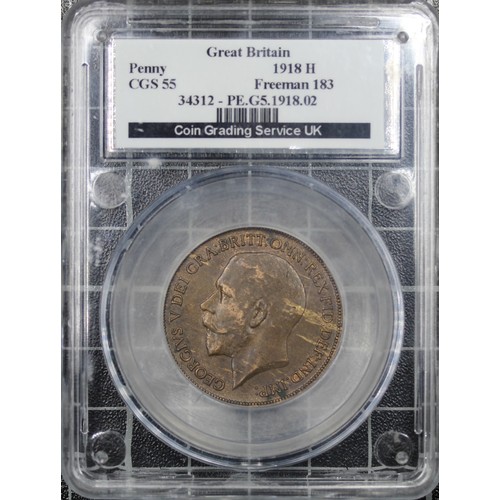 42 - 1918H Penny, George V, F183. Graded CGS55 with occasional striped toning. nEF. [Freeman 183, Peck 22... 