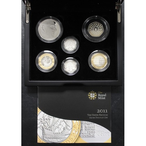 210 - 2011 Silver piedfort proof year set. Featuring all six special designs for the year and housed in pr... 