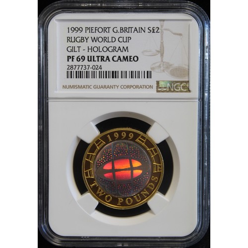 185 - 1999 Silver proof piedfort £2 with holographic finish struck for the Rugby World Cup. Graded NGC PF6... 