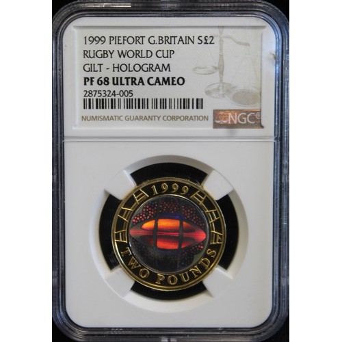 186 - 1999 Silver proof piedfort £2 with holographic finish. Graded NGC PF68 Ultra Cameo. Struck to celebr... 