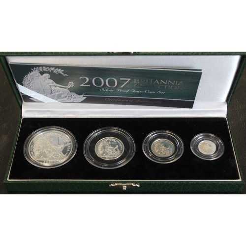 242 - 2007 Silver Britannia 4-coin proof set in green case of issue with COA. Some toning/tarnish most not... 