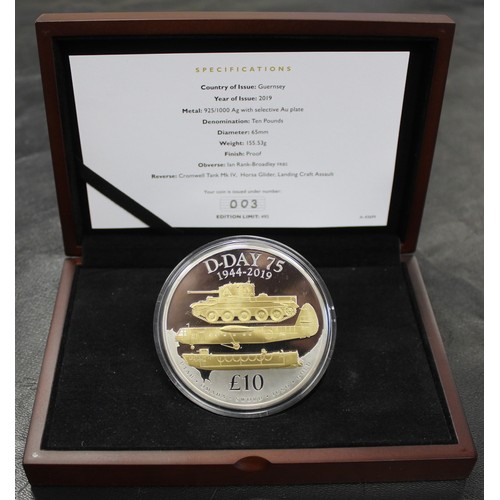 262 - Guernsey 2019 silver proof 5oz £10 coin commemorating the 75th anniversary of D-Day and is acc... 