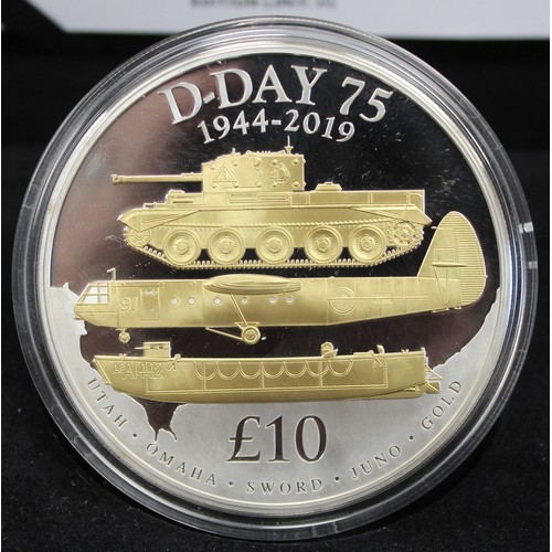 262 - Guernsey 2019 silver proof 5oz £10 coin commemorating the 75th anniversary of D-Day and is acc... 