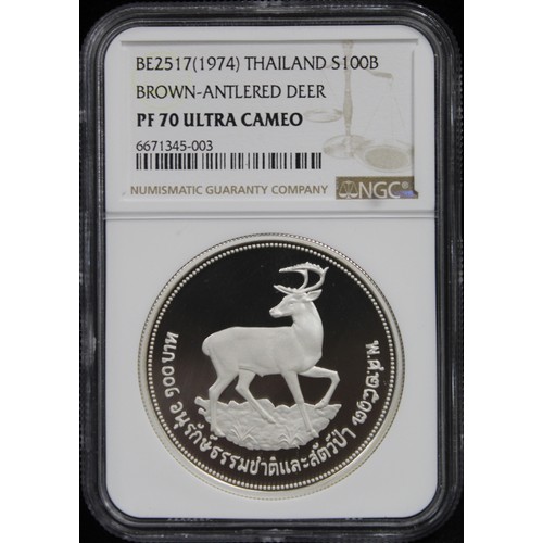 277 - 1974 Thailand silver 100 baht, graded NGC PF70 Ultra Cameo. The Brown-Antlered Deer, part of the wil... 