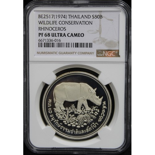 278 - 1974 Thailand silver 50 baht, graded NGC PF68 Ultra Cameo. The Sumatran Rhinocerous, part of the wil... 