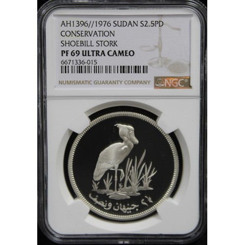 276 - 1976 Sudan silver 2½ Pounds, graded NGC PF69 Ultra Cameo. The Shoebill Stork, part of the wildlife c... 