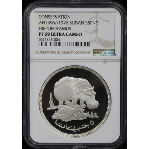 275 - 1976 Sudan silver 5 Pounds, graded NGC PF69 Ultra Cameo. The Hippopotamus, part of the wildlife cons... 