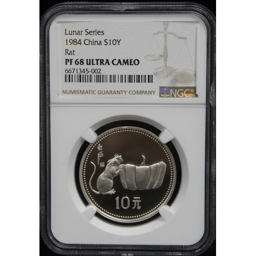 253 - China 1984 silver 10 yuan, Lunar Series Year of the Rat. Graded NGC PF68 Ultra Cameo. These early ye... 