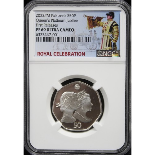 255 - 2022 Falklands silver proof 50p commemorating the Queen's Platinum Jubilee. Graded NGC PF69 Ultra Ca... 