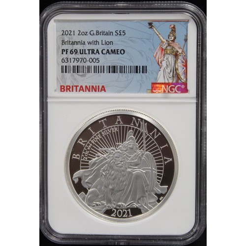 245 - 2021 Silver Proof 2oz Britannia with reverse design by P. J. Lynch. Graded NGC PF69 Ultra Cameo and ... 