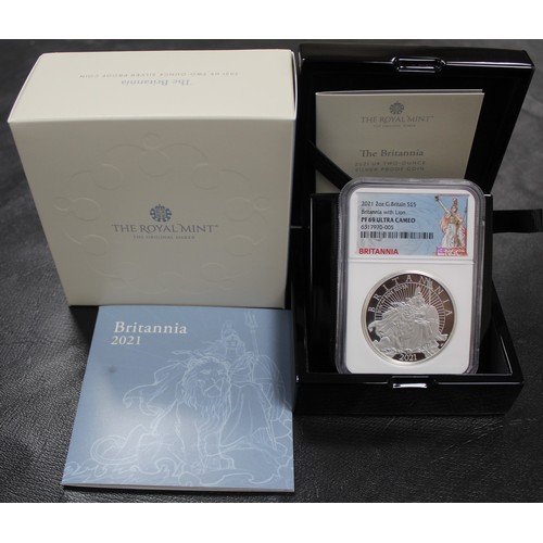 245 - 2021 Silver Proof 2oz Britannia with reverse design by P. J. Lynch. Graded NGC PF69 Ultra Cameo and ... 