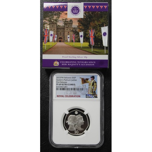 255 - 2022 Falklands silver proof 50p commemorating the Queen's Platinum Jubilee. Graded NGC PF69 Ultra Ca... 