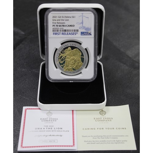 272 - St. Helena 2021 Silver proof £1 featuring Una and the Lion accented in gold. Graded NGC PF70 Ultra C... 