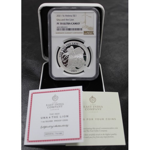 273 - St. Helena 2021 Silver proof £1 featuring Una and the Lion. Graded NGC PF70 Ultra Cameo. An attracti... 