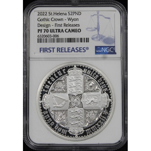 274 - St. Helena, 2022 2oz silver proof Gothic Crown Quartered Arms graded NGC PF70 Ultra Cameo and presen... 