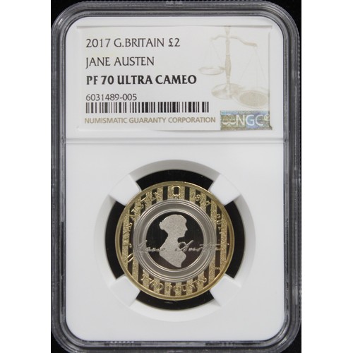 191 - 2017 Proof £2 coin featuring Jane Austen. Graded NGC PF70 Ultra Cameo, solo finest Top Pop as the on... 